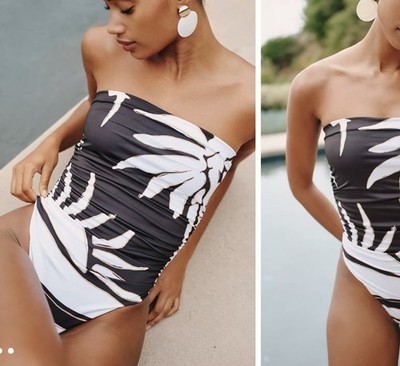 Cala de la Cruz x Anthropologie Strapless Leaf Print Swimsuit Black/White XL