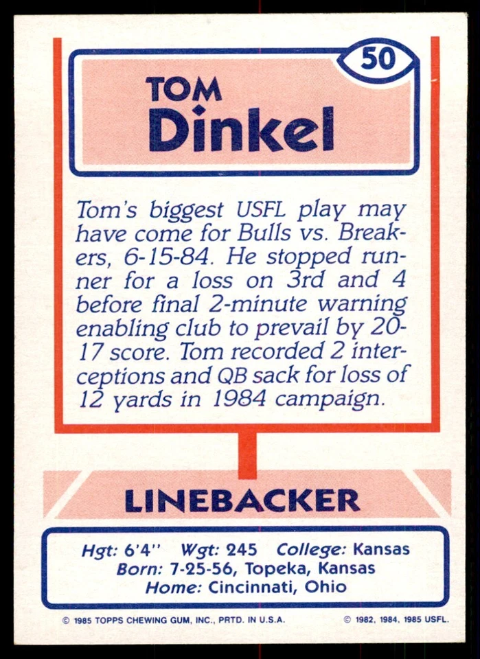 1985 Topps USFL Tom Dinkel Football Cards #50 - Image 2 of 2