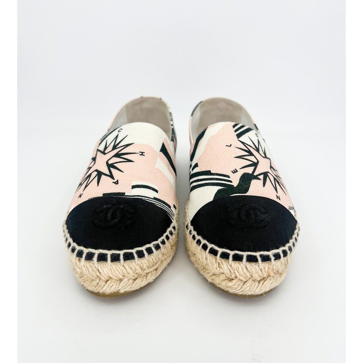 【CHANEL】canvas round-toe slip-on espadrilles【ランク:A】 CHANEL La Pausa Ecru Star Print Canvas Cap Toe CC Logo