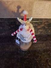 Deer Christmas Ornament 8 Tall Natural Wood Base White Faux Fur Body Scarf