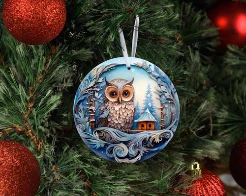 Christmas Owl Blue Ceramic Christmas Ornament, Christmas Tree Decoration
