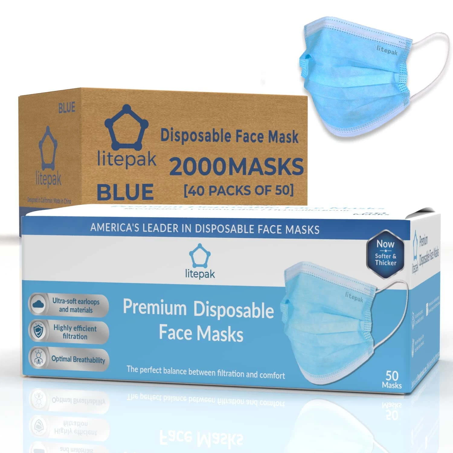 Litepak 2000pcs Disposable Face Masks Black 3-Ply Adult Mask with Nose Wire
