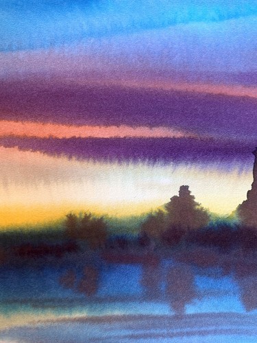 Watercolor Painting Sunset On The River S. Gramm Unframed Original Art nAAA3371 - Picture 7 of 14