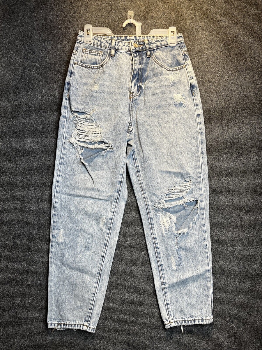 デニム・ジーパン IONSEOUL Vintage Damage Cotton White Denim Pants BU500 Shein High Waisted Distressed Acid Wash Jeans Women's S 165