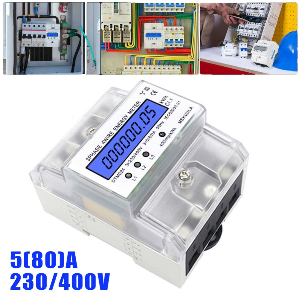 Drehstromzähler DIN Hutschiene Drehstromzähler Geeicht – 3x5(80)A, 230/400V, 3 Phasen, Für DIN-Hutschiene Digitaler Stromzähler