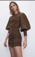 ZARA Mini Draped Dress S Black/Sand Yellow Check Bodycon Long Puff Sleeve