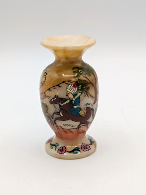 Vintage Stone Miniature Bud Vase Hand Painted Hunting Scene Lion Horses 3.5''