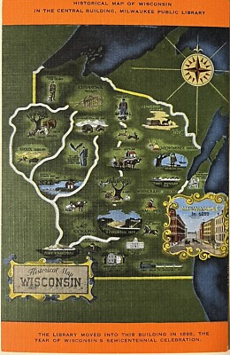Wisconsin Historical Map Milwaukee Library Inset Postcard c1940