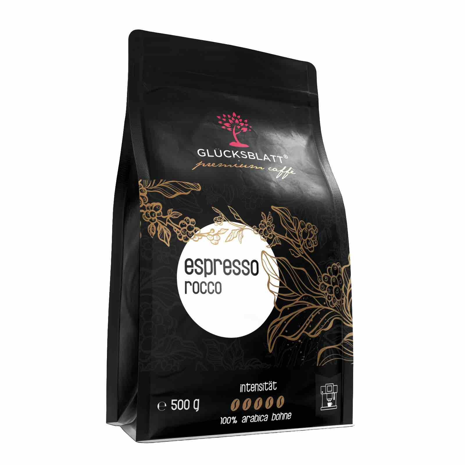 GLÜCKSBLATT Espresso ROCCO Premium Kaffee Caffe Handgeröstet ganze Bohne 500gr.