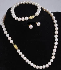 Real Natural 6-10MM White Akoya Cultured Pearl Necklace Bracelet Earring Set