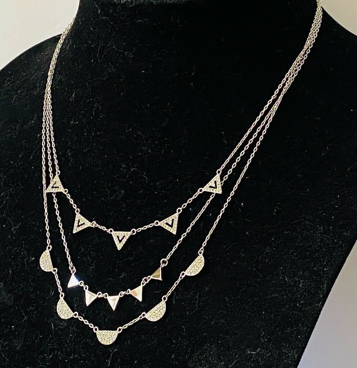 STELLA & DOT 3 Strand Half Circle Triangle Silver Crystal