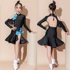 Girls Latin Dancing Dress Kids Ballroom Dance Performance Floral Bodysuit Skirts