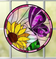 Purple Butterfly Sunflower Faux Stained-Glass WINDOW CLING Sun-catcher Size 8"