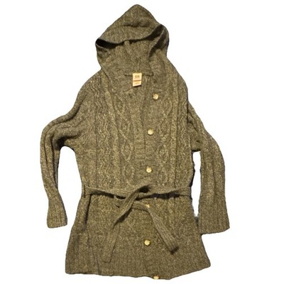 Faded Glory Cable-Knit Hooded Belted Cardigan Sweater Gray Button Women's Size L