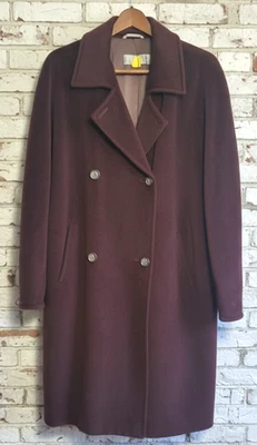 Max Mara Wool Coat Women's 12 Long Brown Double Breasted Classic Moth Damage