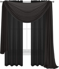 Black Window Sheer Curtains with Matching Scarf 2 Voile Panels and 1 Valance for
