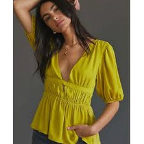 Dolan Left Coast Cutout V-Neck Peplum Top Chartreuse Mustard XS