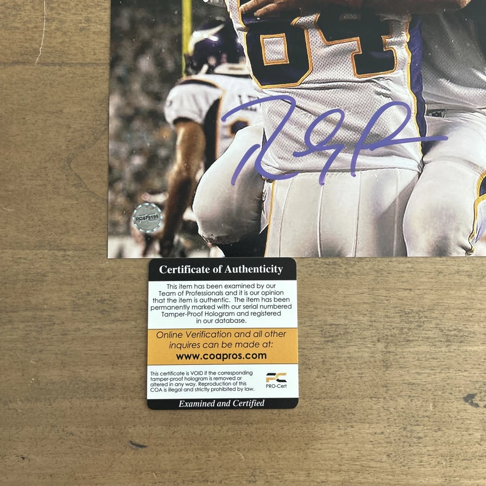 Foto autografiada firmada por Randy Moss de 8x10 Minnesota Vikings púrpura NFL con certificado de autenticidad holo Foto 2 de 4