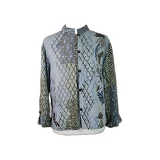 Citron Blue and Green Koi Geometric Print Bamboo Button Front Top Sz M