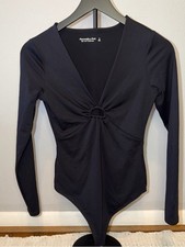 Abercrombie Fitch Soft Black Key Hole Front Long Sleeve Bodysuit Ruched