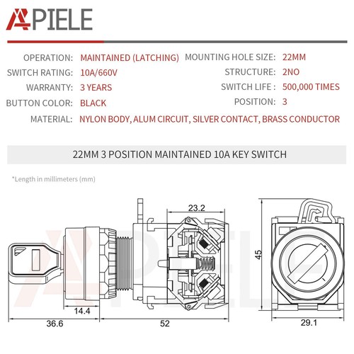 APIELE 22mm Key Switch 440V 10A 2NO Maintained (3 position, Latching) - Picture 2 of 7