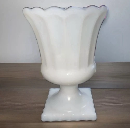 Vintage 6” Milk Glass Opaline White Pedestal Paneled Vase Compote Planter