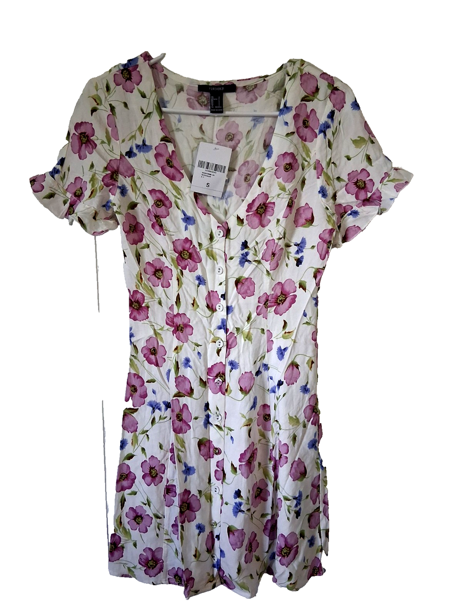 Forever 21 Fit N Flare Dress Women's Size Small Ivory Purple Floral  Cottagecore