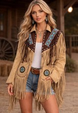 Women's Brown Leather Suede Fringe Jacket – Western Boho Cowgirl, Vintage Outfit