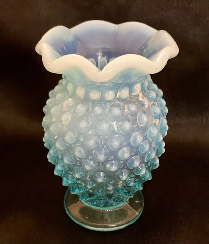 FENTON HOBNAIL BUD VASE  BLUE OPALESCENT  CRIMPED RUFFLED RIM