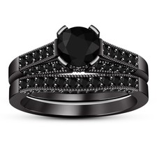 2 CT Round Lab Created Diamond Bridal Wedding Ring Set 14K Black Gold Over