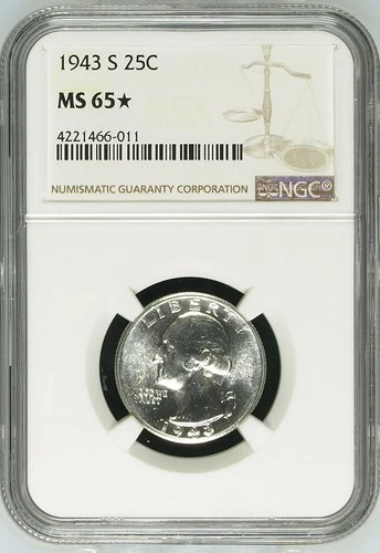 1943 S Washington Quarter NGC MS65 STAR Proof Like PL Brilliant White Spotless