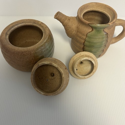 Pottery Sugar & Creamer Server Set Brown Glaze with Green Drip Vintage MCM - Picture 5 of 9