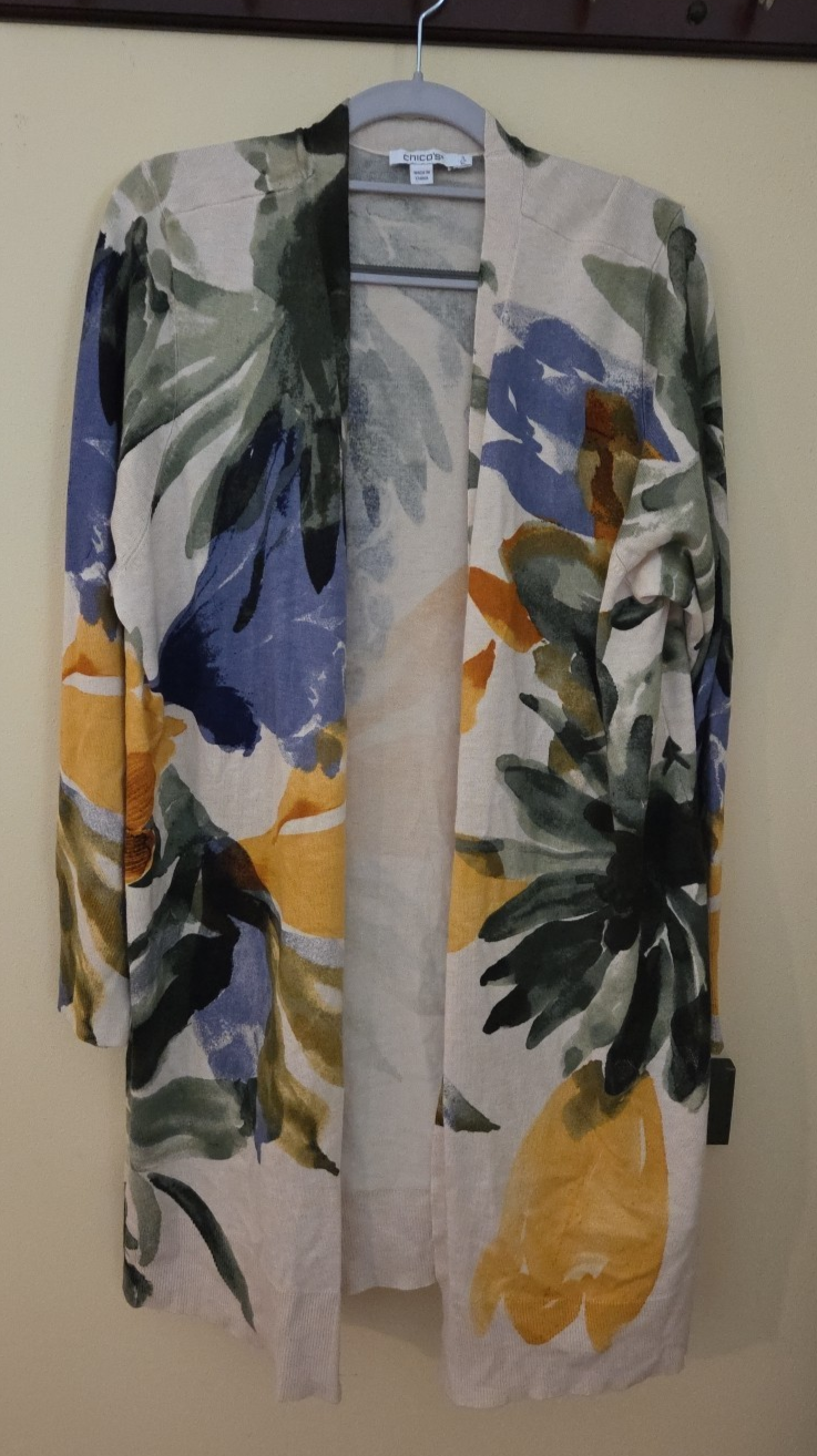 Chicos XL Floral Boho Cardigan Duster Sweater in Tropical Yellow Blue