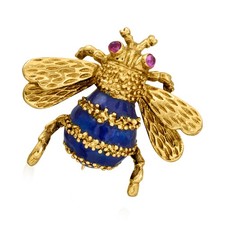 Vintage 18kt Yellow Gold Bumblebee Pin with Blue Enamel and Rubies