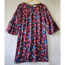 Calvin Klein Dress Womens Size 18W Purple Plum Floral Bell Sleeve Gold Zipper