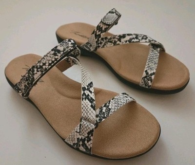 Trotters Raja Slide Sandal Black & White Snake Print Arch Support Sz 8M New