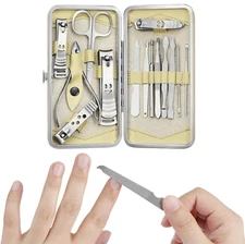 Manicure & Pedicure Set, 14 Pcs, Stainless Steel, W/Beige Leather Case