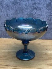 Indiana Carnival Glass Iridescent Blue Garland Teardrop Bowl Pedestal Compote