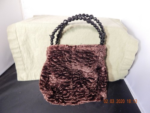 Vintage Brown Faux Fur Mini Child's Purse Beaded Handle Bag - Picture 3 of 5