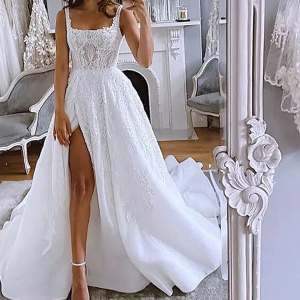 Wedding Dresses Spaghetti Strap Backless Side Slit Lace Bridal Gowns Sweep Train - Image 2 of 4