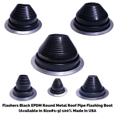 Flashers Black EPDM Round Metal Roof Pipe Flashing Boot (Size#1-9) Made in USA