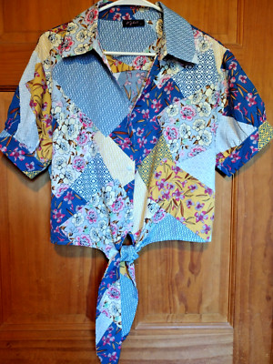 Mabell Top Size L Floral Patchwork Print Button Tie Front Puff Sleeve Boho