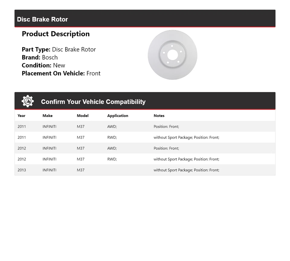 Rotor de freno de disco delantero para Infiniti M37 Bosch QuietCast 2011-2013 2012 Foto 2 de 4