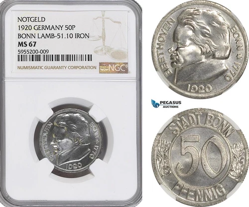 AG790, Germany, 50 Pfennig 1920, Bonn, Notgeld, Ludwig van Beethoven, NGC MS67