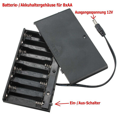 Batteriehalter für 8x AA Batterien o. Akkus 12V mit Ein/Aus-Schalter u. Stecker