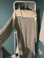 Cream & navy striped long-sleeve dress