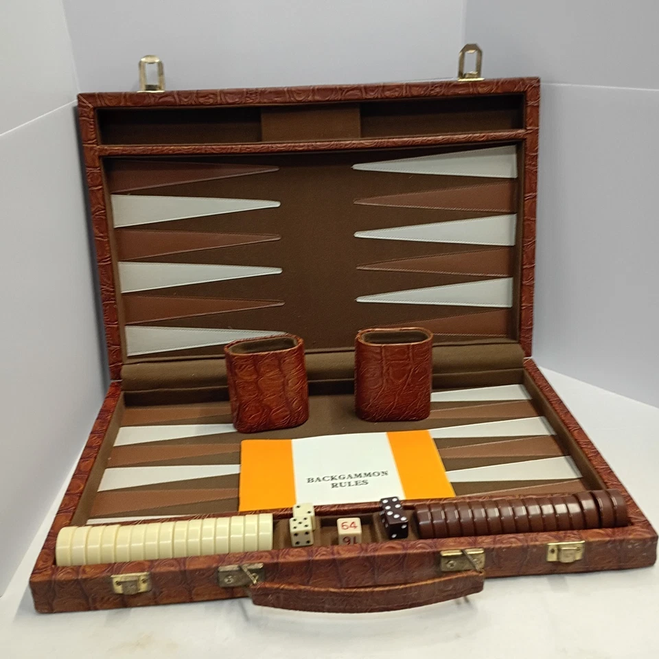 Vintage Faux Crocodile Skin Backgammon Set in Large Travel Case - Image 4 of 4