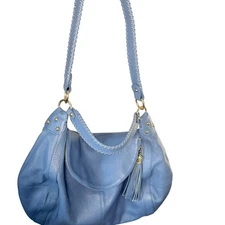 Onna Ehrlich Rachel Bag Blue Pebbled Leather Large 11x22 Crossbody Tassels Purse