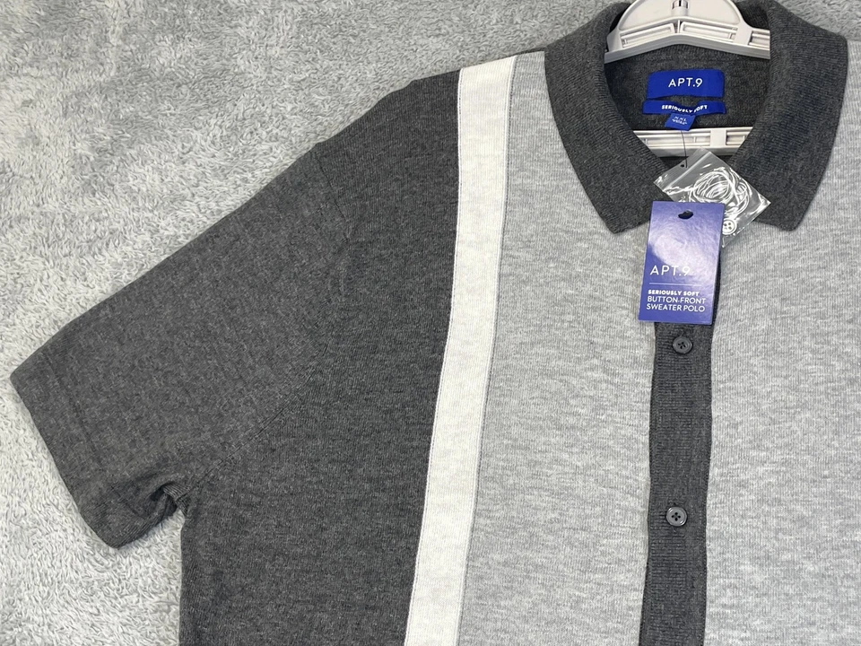 Apt 9 Sweater Polo Shirt Mens 2XL Gray Button Front Seriously Soft Short Sleeve - Image 2 of 4