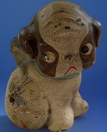 Antike frühe 1900er Hubley Stil Gusseisen Boston Terrier Hundebank 5/4" blaue Schleife
